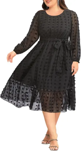 Holipick Women Semi Formal Dresses Plus Size Swiss Dot Long Sleeves Belted A-Line Midi Wedding Guest Spring Fall Dress