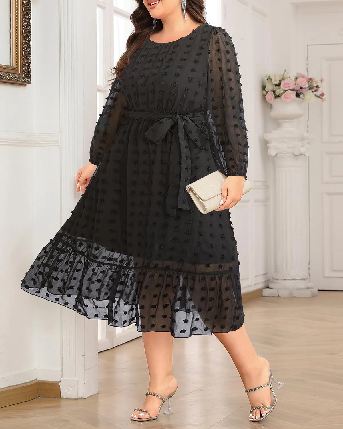 Holipick Women Semi Formal Dresses Plus Size Swiss Dot Long Sleeves Belted A-Line Midi Wedding Guest Spring Fall Dress