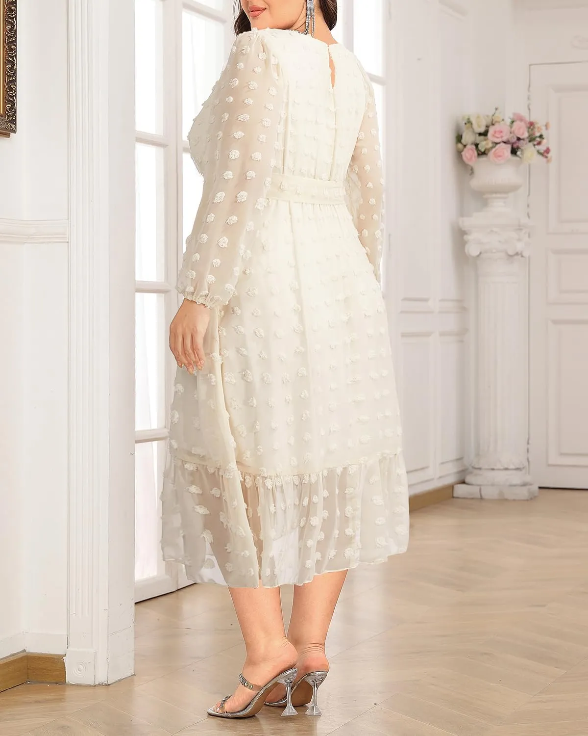 Holipick Women Semi Formal Dresses Plus Size Swiss Dot Long Sleeves Belted A-Line Midi Wedding Guest Spring Fall Dress