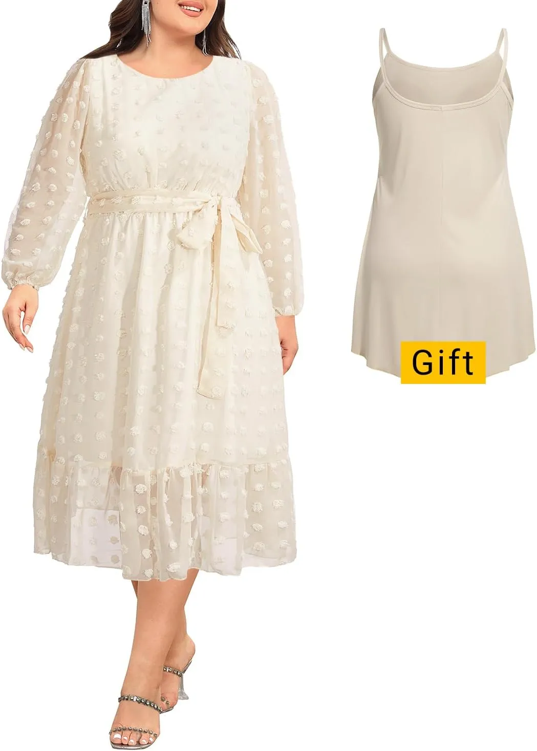 Holipick Women Semi Formal Dresses Plus Size Swiss Dot Long Sleeves Belted A-Line Midi Wedding Guest Spring Fall Dress