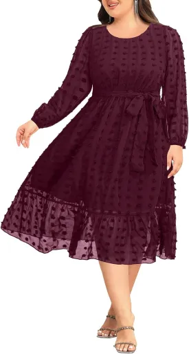 Holipick Women Semi Formal Dresses Plus Size Swiss Dot Long Sleeves Belted A-Line Midi Wedding Guest Spring Fall Dress
