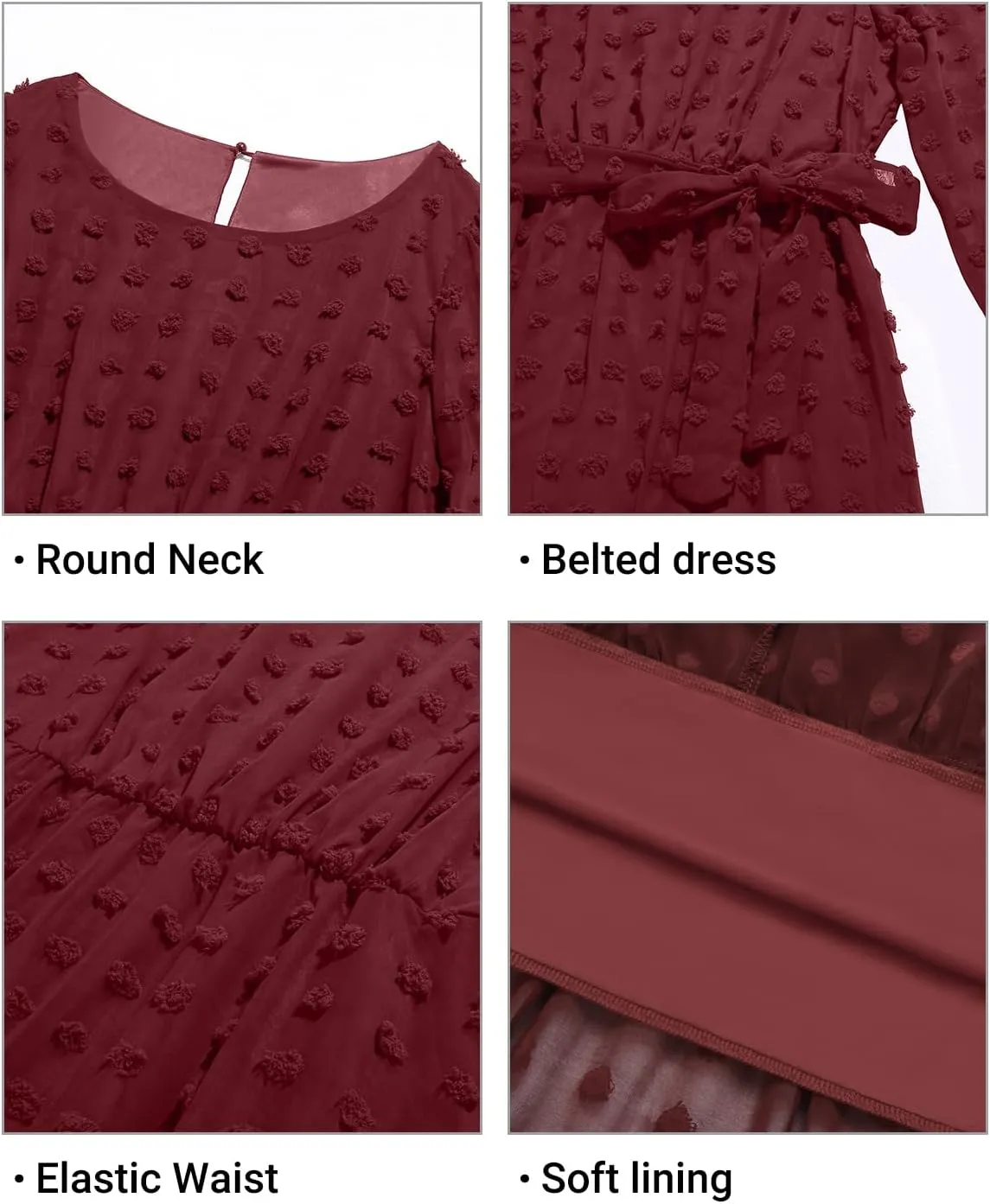 Holipick Women Semi Formal Dresses Plus Size Swiss Dot Long Sleeves Belted A-Line Midi Wedding Guest Spring Fall Dress