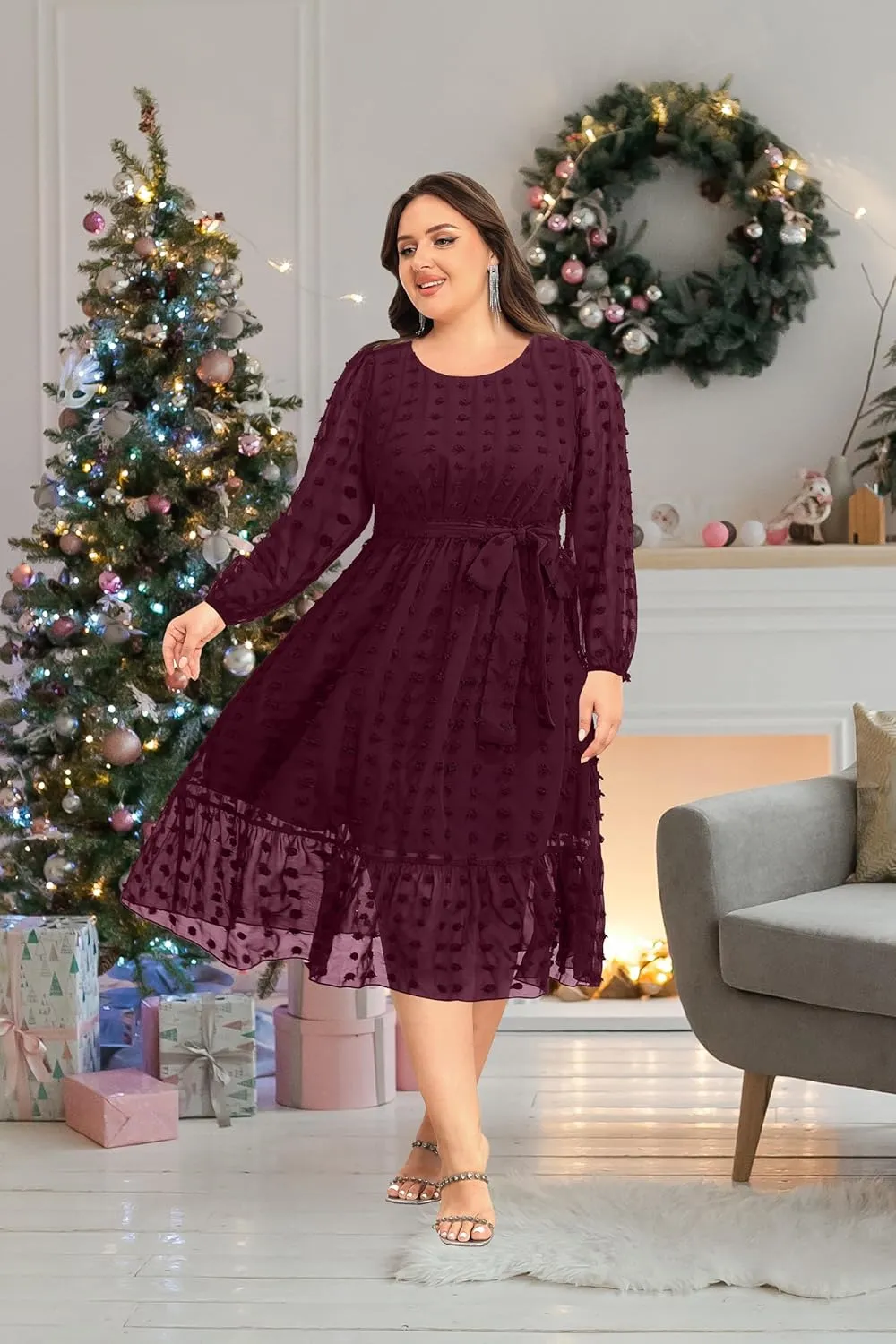 Holipick Women Semi Formal Dresses Plus Size Swiss Dot Long Sleeves Belted A-Line Midi Wedding Guest Spring Fall Dress