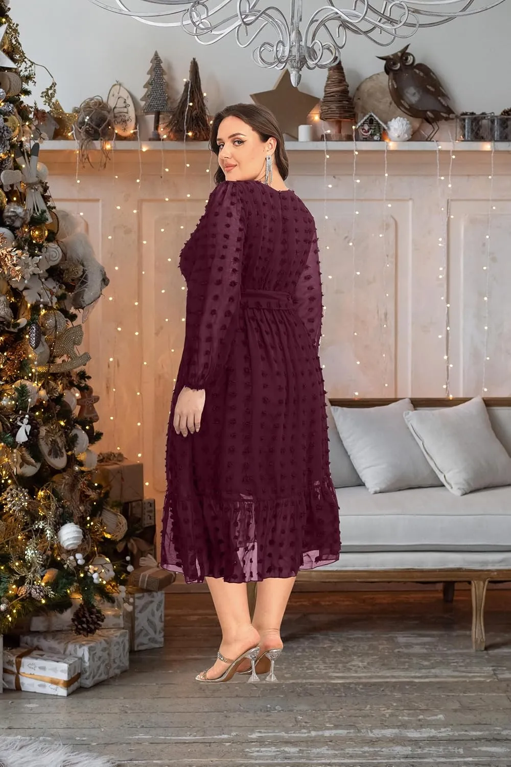 Holipick Women Semi Formal Dresses Plus Size Swiss Dot Long Sleeves Belted A-Line Midi Wedding Guest Spring Fall Dress