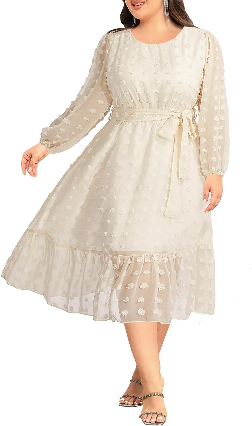 Holipick Women Semi Formal Dresses Plus Size Swiss Dot Long Sleeves Belted A-Line Midi Wedding Guest Spring Fall Dress
