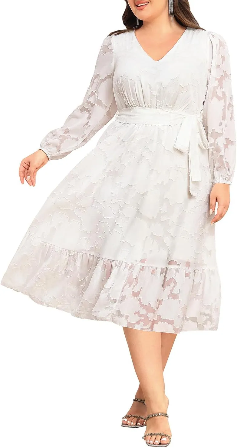 Holipick Women Semi Formal Dresses Plus Size Swiss Dot Long Sleeves Belted A-Line Midi Wedding Guest Spring Fall Dress
