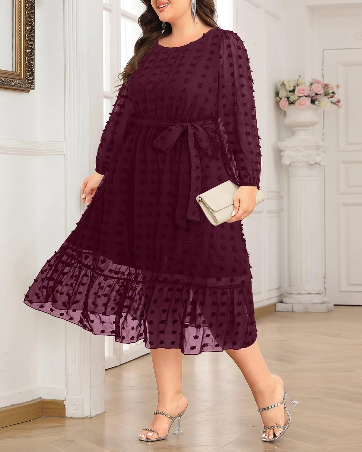Holipick Women Semi Formal Dresses Plus Size Swiss Dot Long Sleeves Belted A-Line Midi Wedding Guest Spring Fall Dress