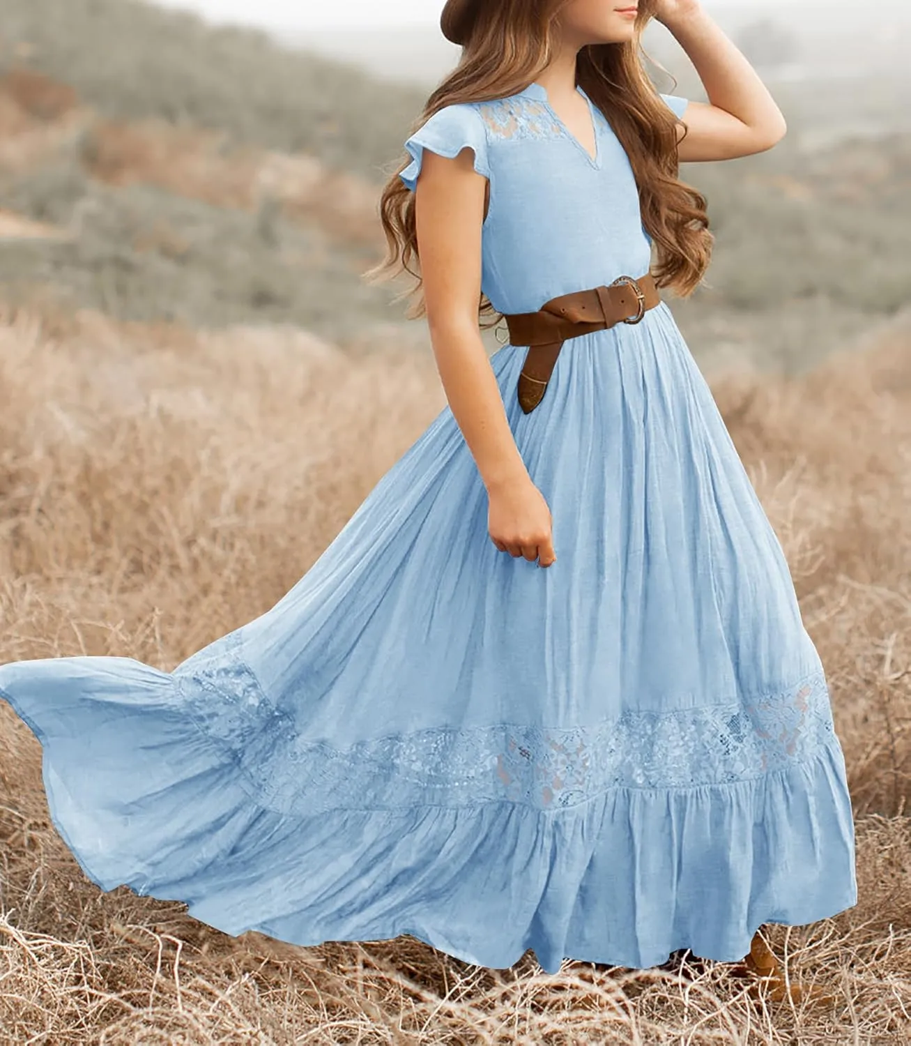 HOSIKA Girls Elegant Lace Ruffle Sleeve A-Line Formal Wedding Party Flower Girl Dress 6-12 Years