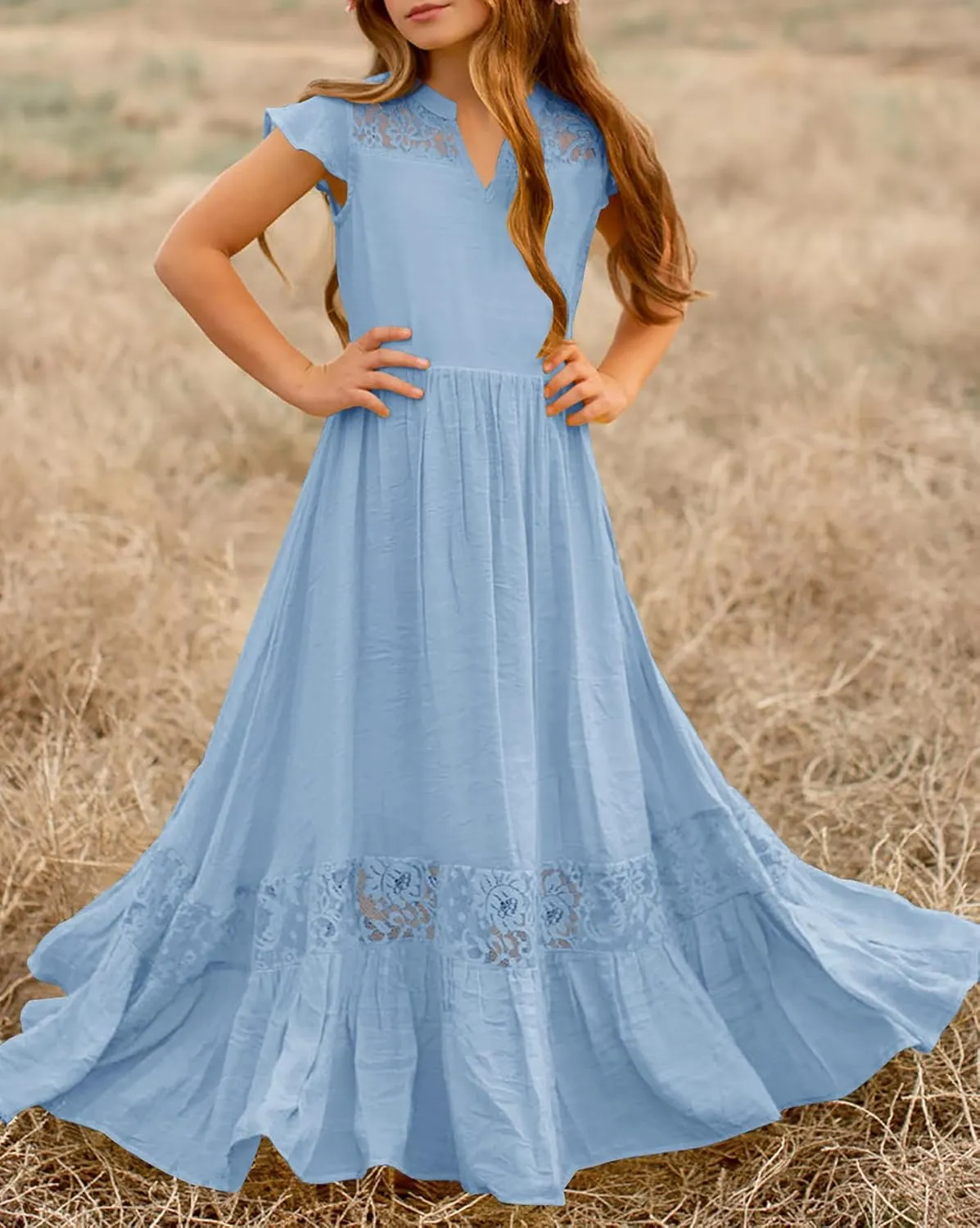 HOSIKA Girls Elegant Lace Ruffle Sleeve A-Line Formal Wedding Party Flower Girl Dress 6-12 Years