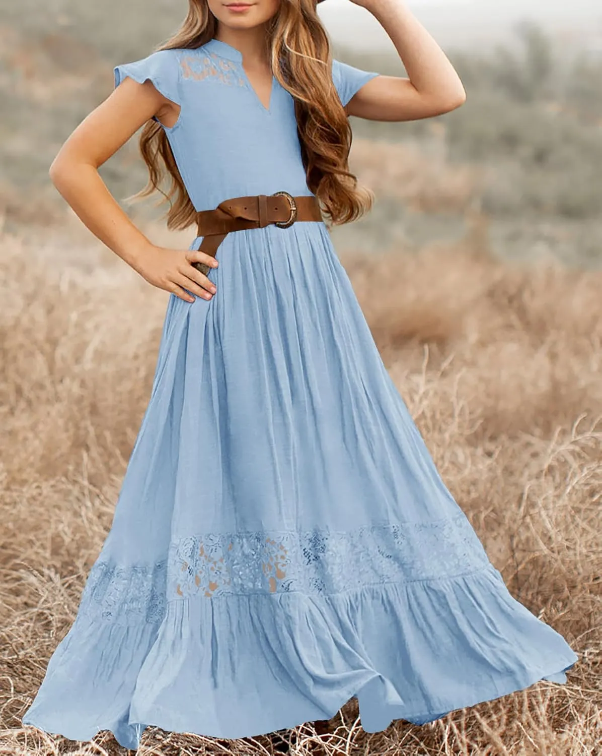 HOSIKA Girls Elegant Lace Ruffle Sleeve A-Line Formal Wedding Party Flower Girl Dress 6-12 Years