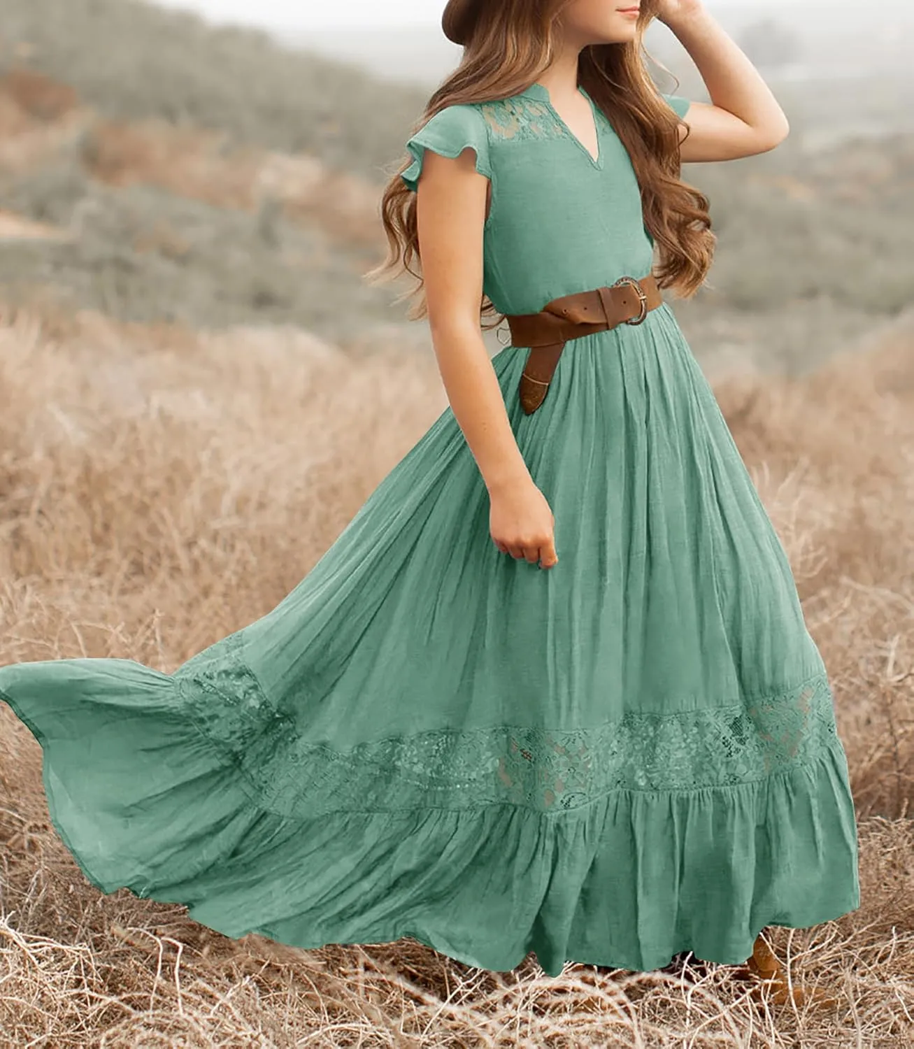 HOSIKA Girls Elegant Lace Ruffle Sleeve A-Line Formal Wedding Party Flower Girl Dress 6-12 Years
