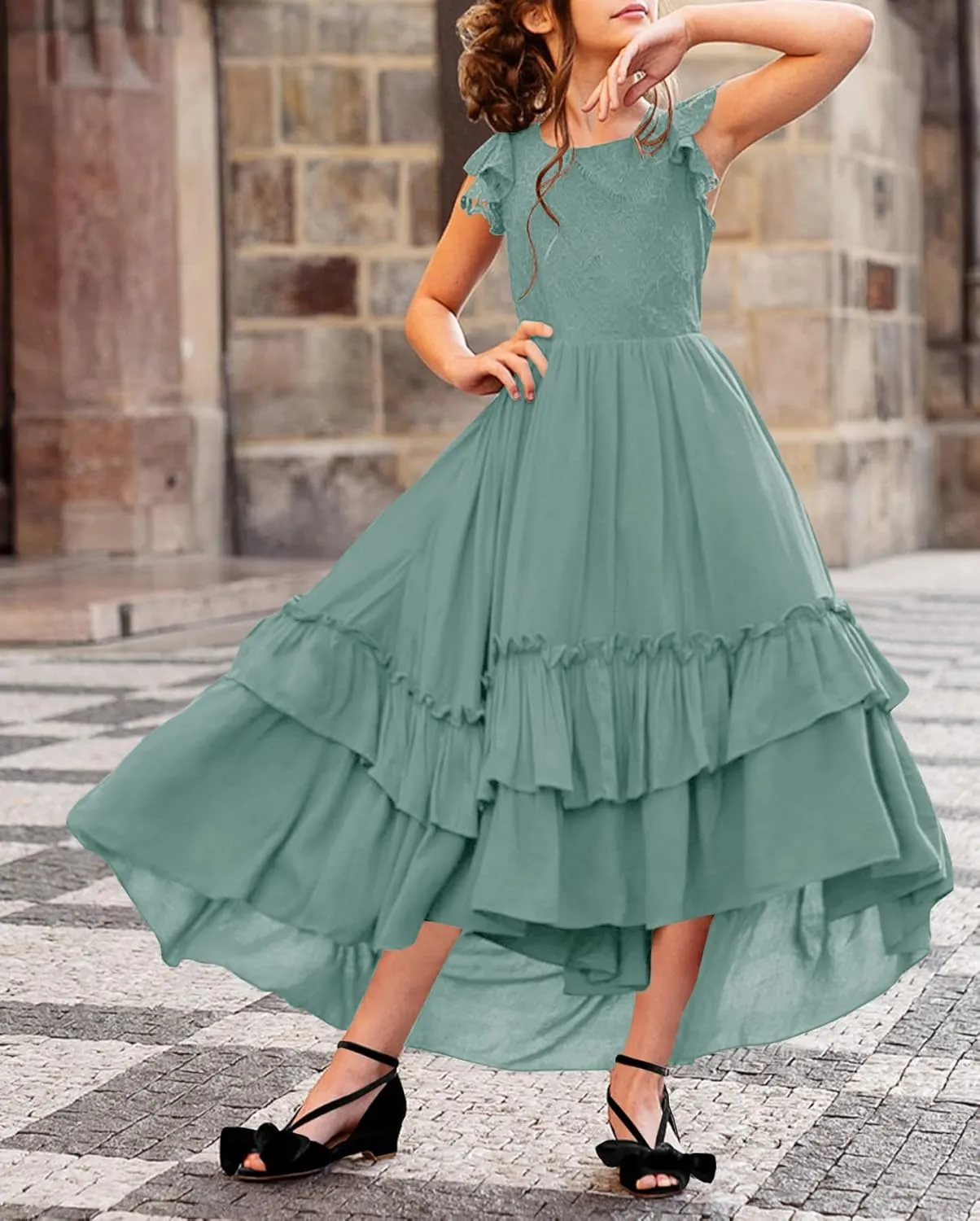 HOSIKA Girls Lace Boho Flower Girl Dress Ruffle Sleeve A-Line Formal Dresses for Wedding Party 6-12 Years
