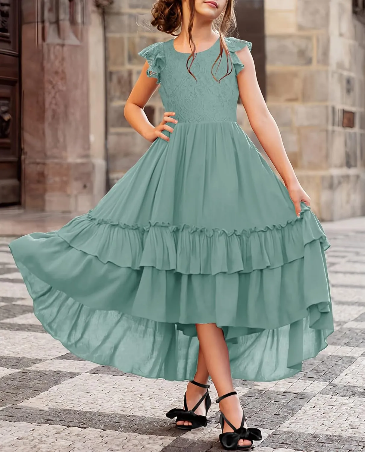 HOSIKA Girls Lace Boho Flower Girl Dress Ruffle Sleeve A-Line Formal Dresses for Wedding Party 6-12 Years