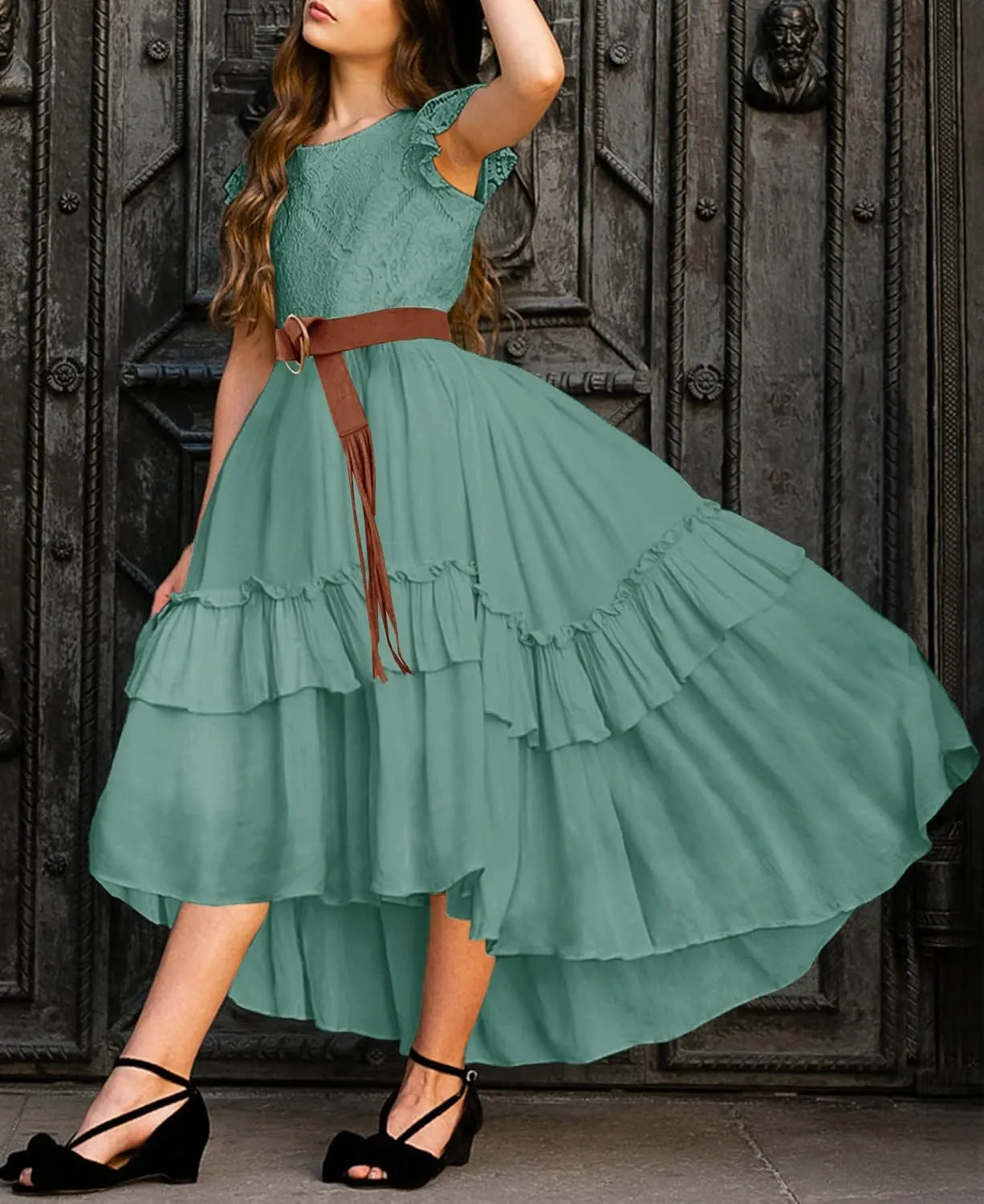 HOSIKA Girls Lace Boho Flower Girl Dress Ruffle Sleeve A-Line Formal Dresses for Wedding Party 6-12 Years