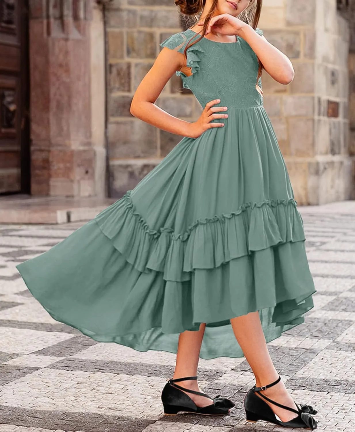 HOSIKA Girls Lace Boho Flower Girl Dress Ruffle Sleeve A-Line Formal Dresses for Wedding Party 6-12 Years
