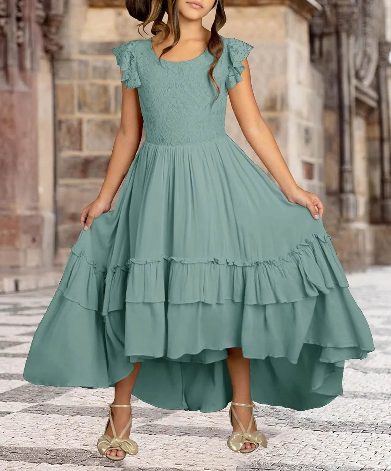 HOSIKA Girls Lace Boho Flower Girl Dress Ruffle Sleeve A-Line Formal Dresses for Wedding Party 6-12 Years