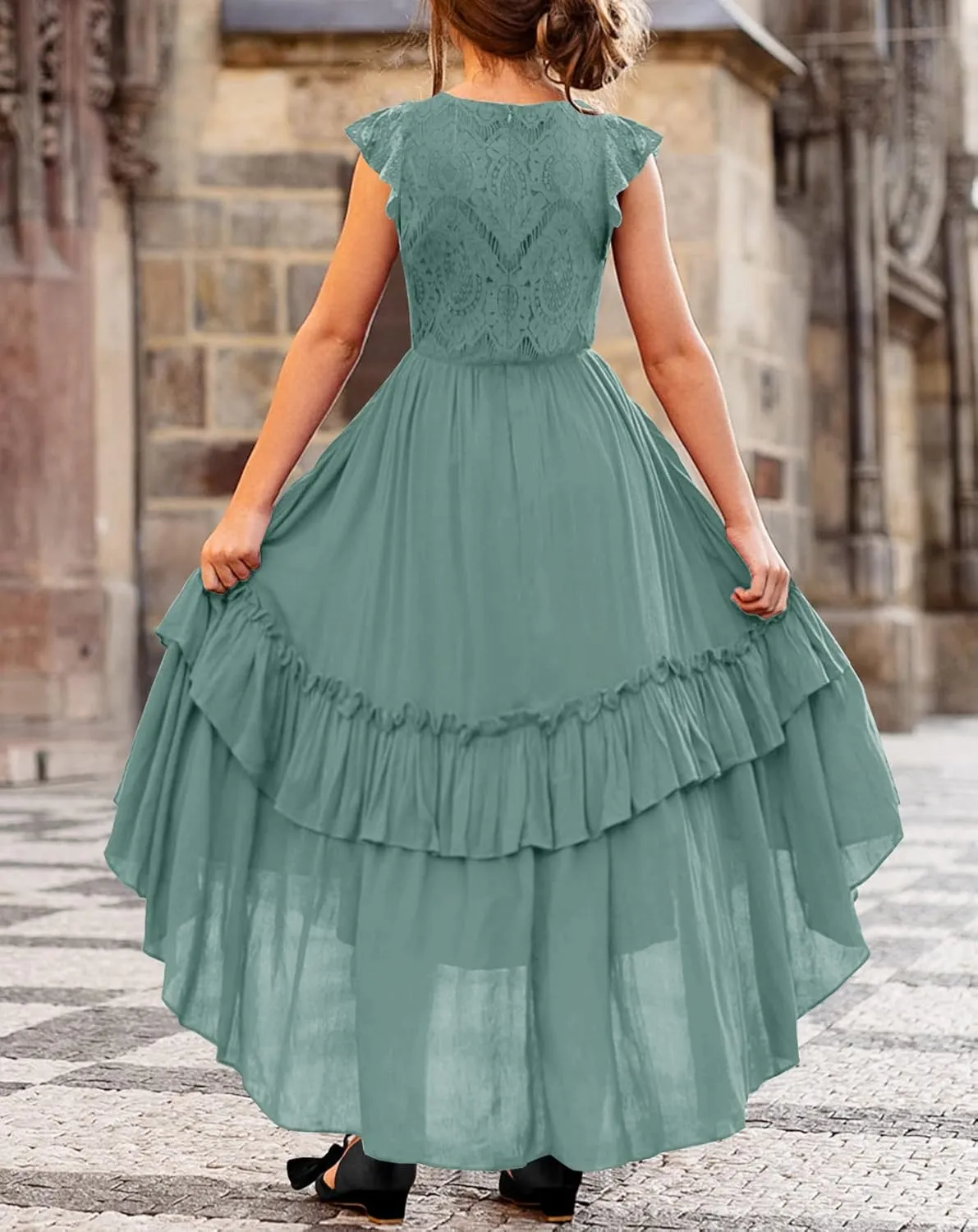 HOSIKA Girls Lace Boho Flower Girl Dress Ruffle Sleeve A-Line Formal Dresses for Wedding Party 6-12 Years