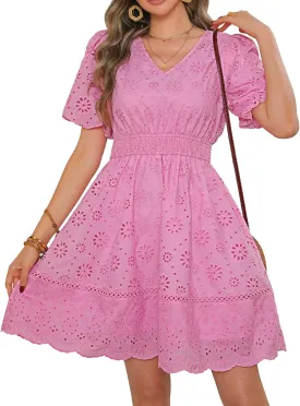 Kate Kasin Womens 2025 Summer Casual Dress V Neck Puff Sleeve A Line Hollow Out Eyelet Beach Wedding Guest Dress