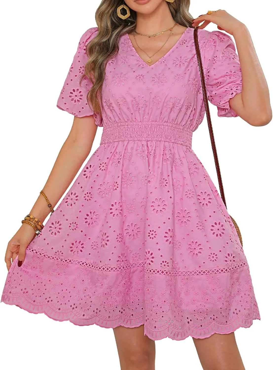 Kate Kasin Womens 2025 Summer Casual Dress V Neck Puff Sleeve A Line Hollow Out Eyelet Beach Wedding Guest Dress