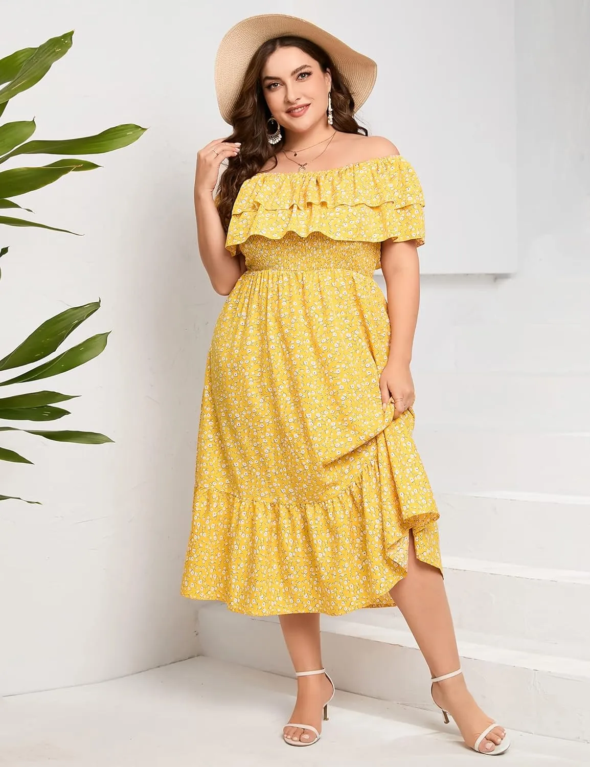KOJOOIN Women Plus Size Off Shoulder Maxi Dress Ruffle Flowy Casual Summer Boho Long Dresses