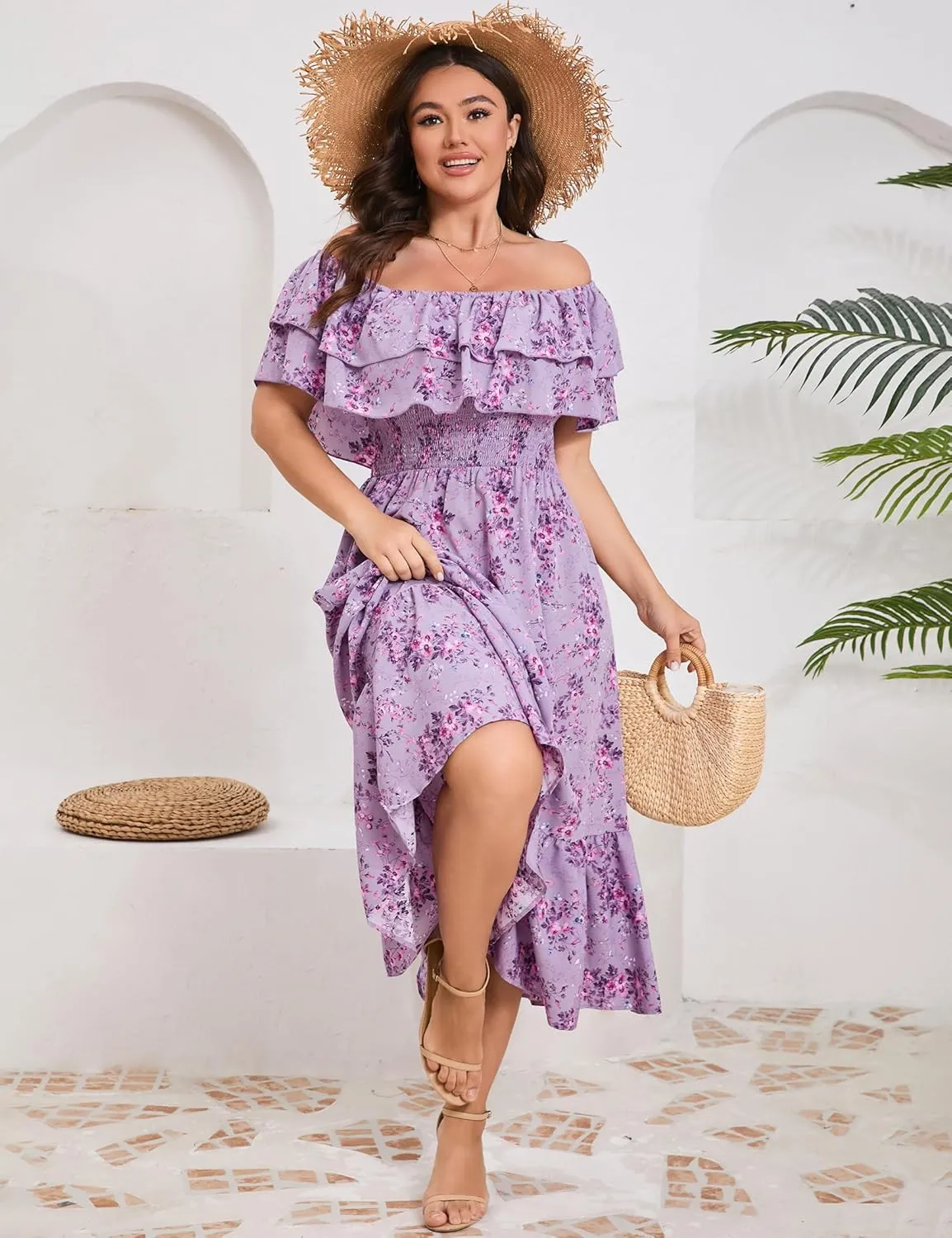 KOJOOIN Women Plus Size Off Shoulder Maxi Dress Ruffle Flowy Casual Summer Boho Long Dresses