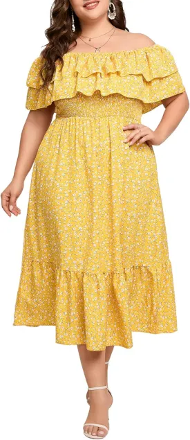 KOJOOIN Women Plus Size Off Shoulder Maxi Dress Ruffle Flowy Casual Summer Boho Long Dresses