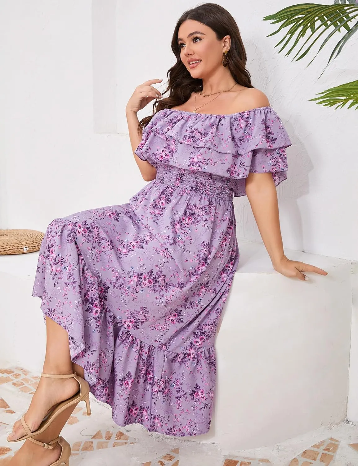 KOJOOIN Women Plus Size Off Shoulder Maxi Dress Ruffle Flowy Casual Summer Boho Long Dresses