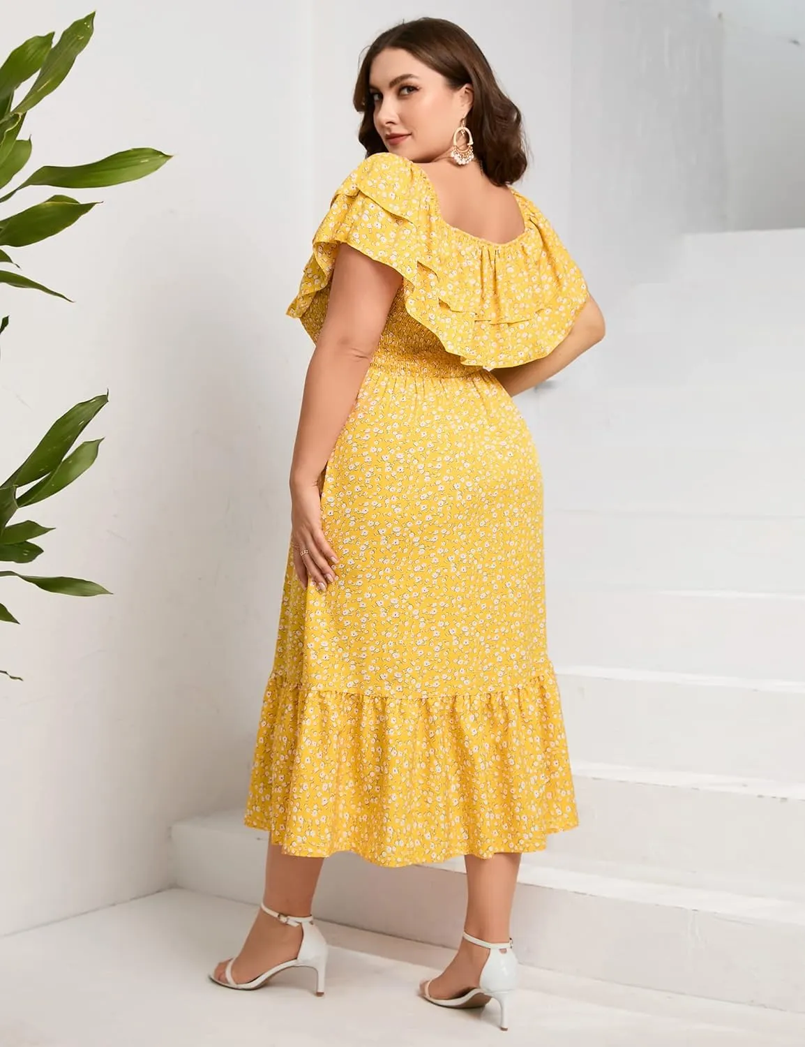 KOJOOIN Women Plus Size Off Shoulder Maxi Dress Ruffle Flowy Casual Summer Boho Long Dresses