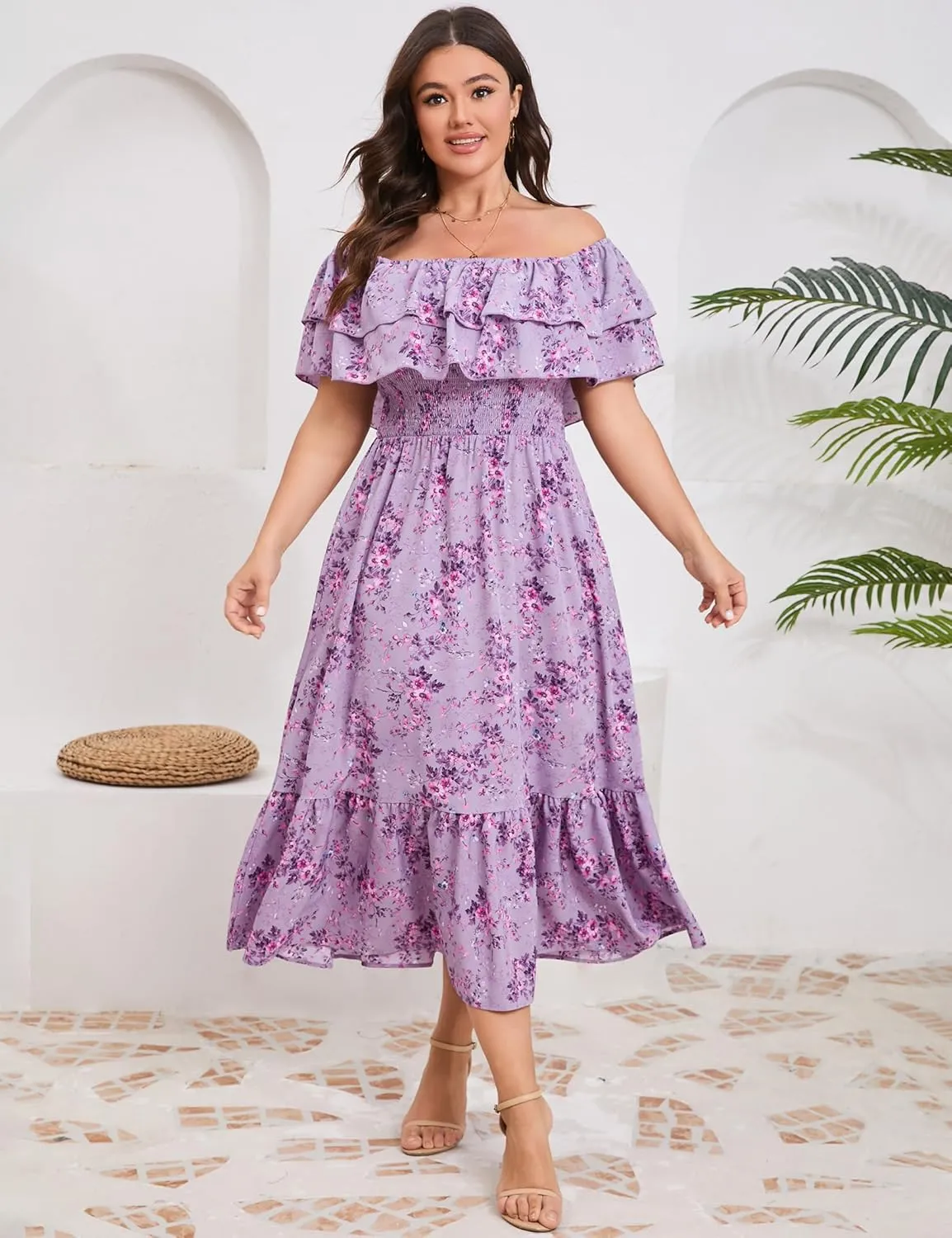 KOJOOIN Women Plus Size Off Shoulder Maxi Dress Ruffle Flowy Casual Summer Boho Long Dresses