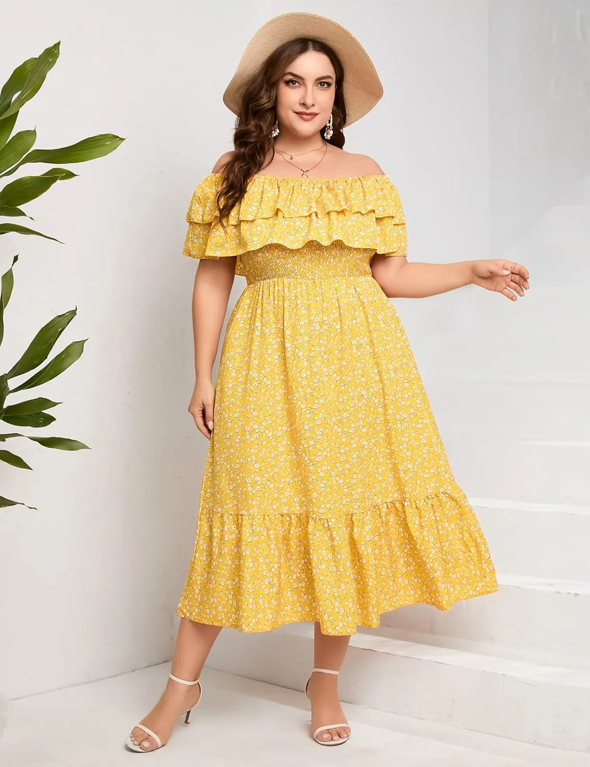 KOJOOIN Women Plus Size Off Shoulder Maxi Dress Ruffle Flowy Casual Summer Boho Long Dresses