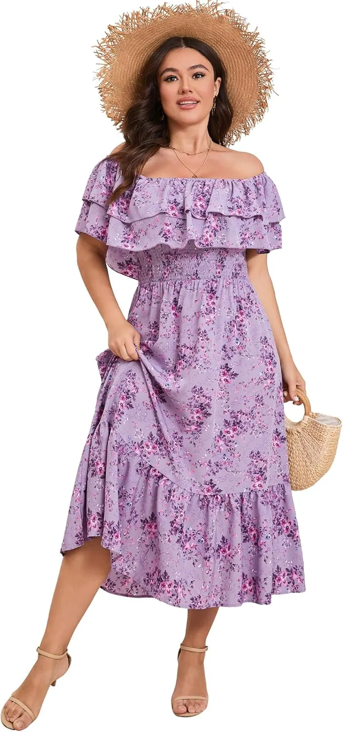 KOJOOIN Women Plus Size Off Shoulder Maxi Dress Ruffle Flowy Casual Summer Boho Long Dresses