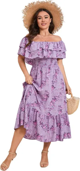 KOJOOIN Women Plus Size Off Shoulder Maxi Dress Ruffle Flowy Casual Summer Boho Long Dresses