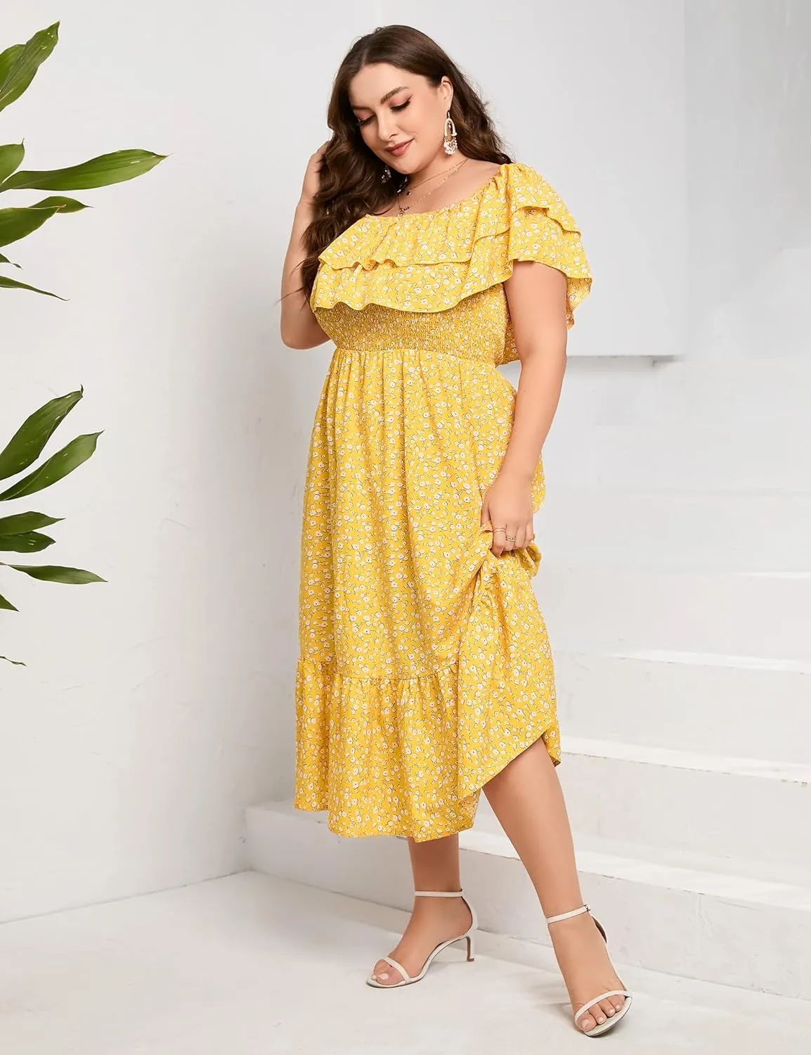 KOJOOIN Women Plus Size Off Shoulder Maxi Dress Ruffle Flowy Casual Summer Boho Long Dresses