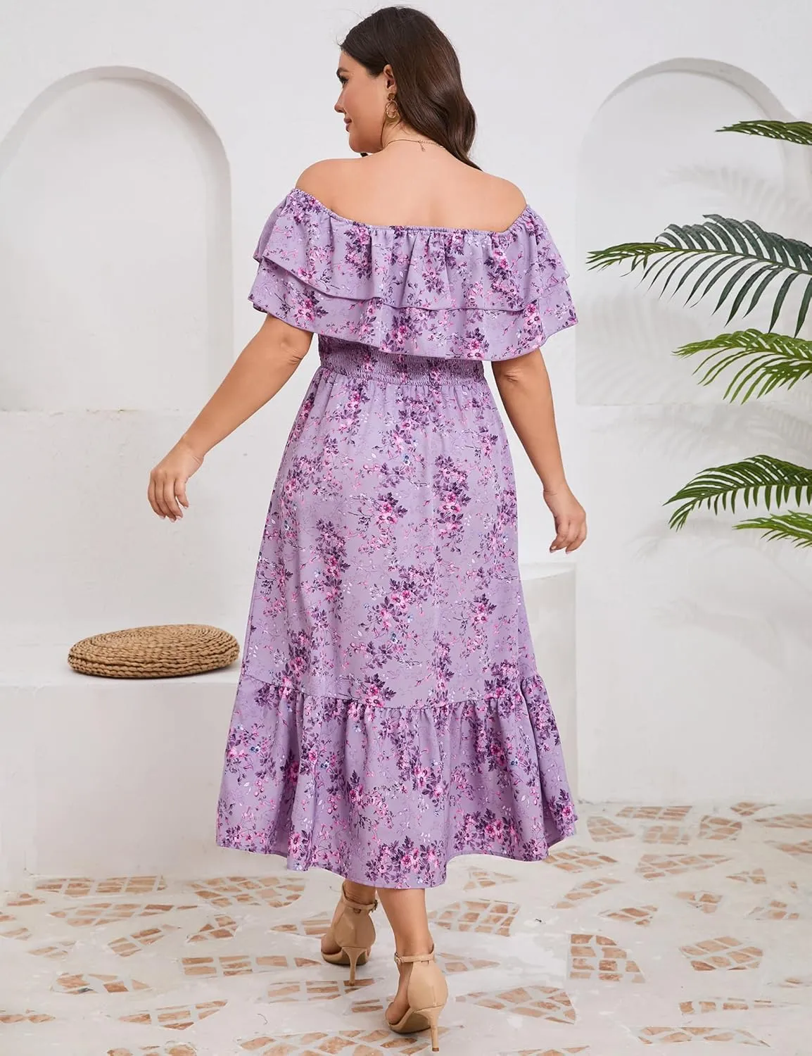 KOJOOIN Women Plus Size Off Shoulder Maxi Dress Ruffle Flowy Casual Summer Boho Long Dresses