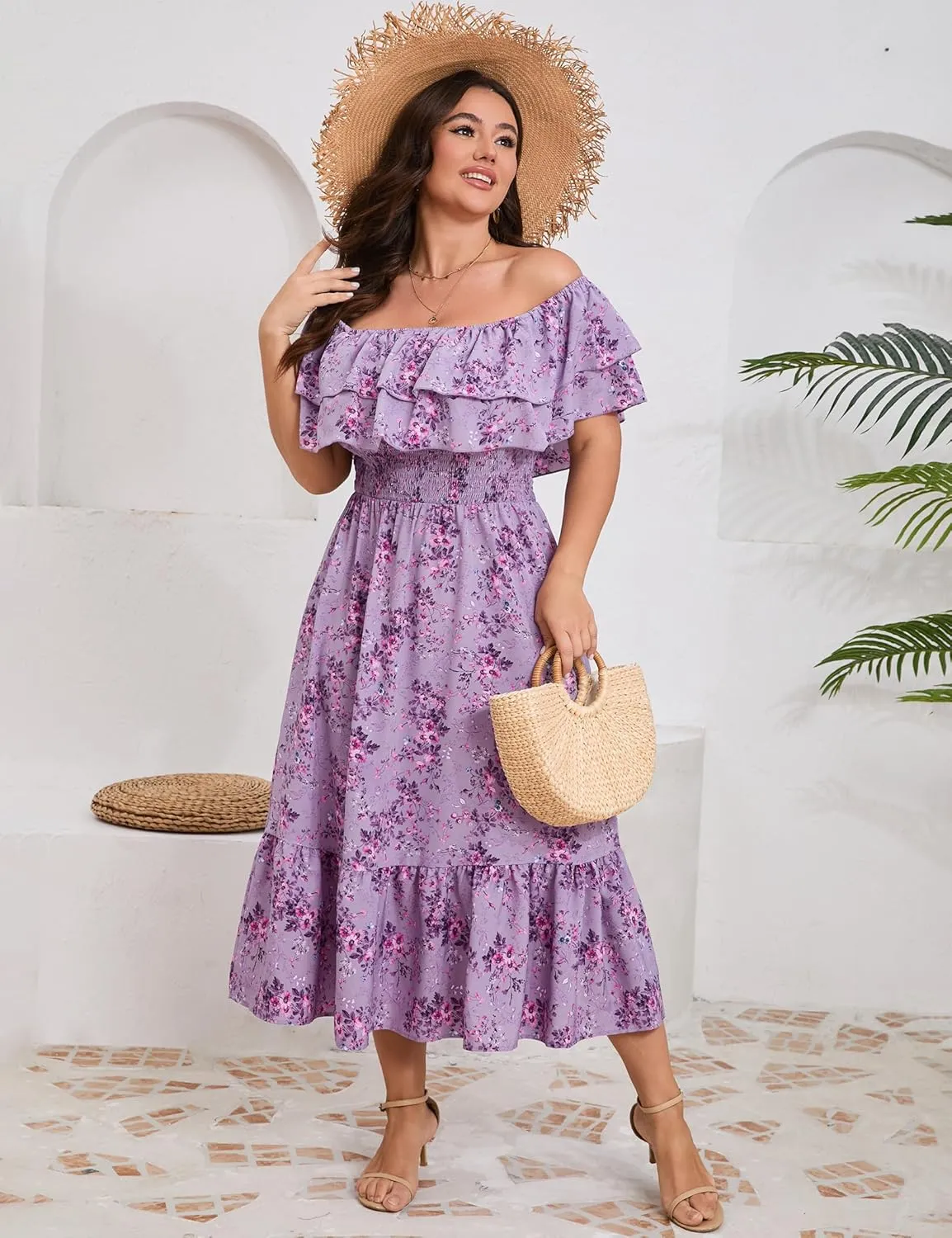 KOJOOIN Women Plus Size Off Shoulder Maxi Dress Ruffle Flowy Casual Summer Boho Long Dresses