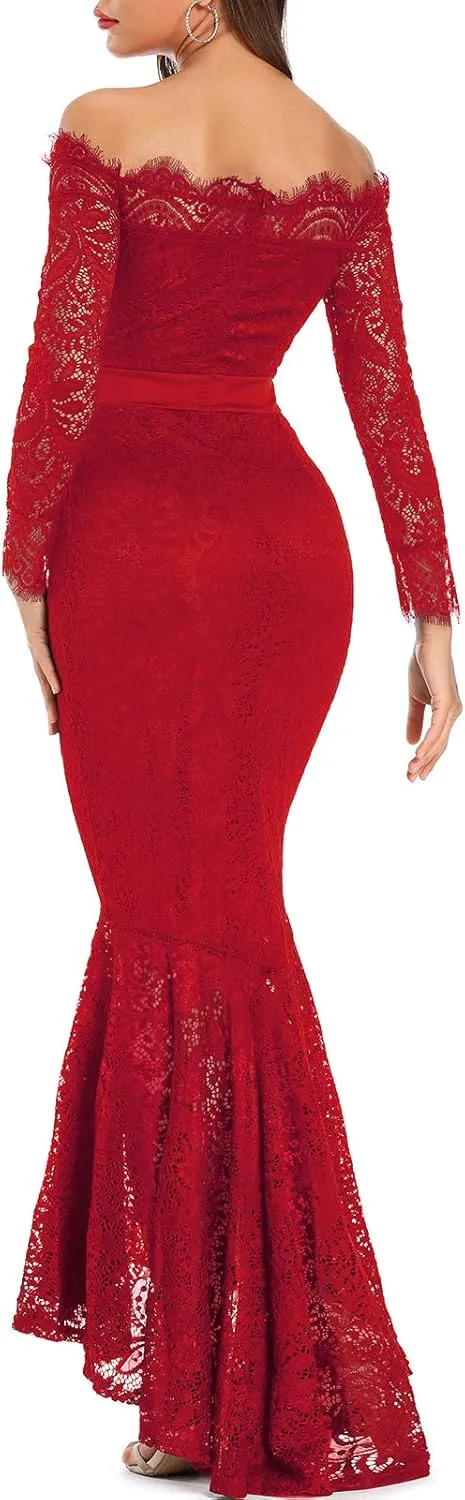 LALAGEN Women's Floral Lace Long Sleeve Off Shoulder Wedding Mermaid Dress