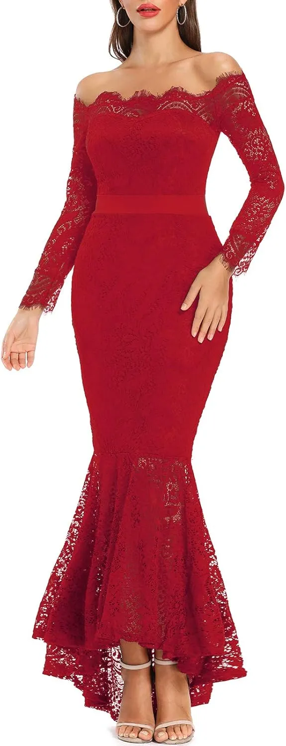 LALAGEN Women's Floral Lace Long Sleeve Off Shoulder Wedding Mermaid Dress