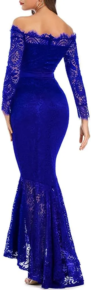 LALAGEN Women's Floral Lace Long Sleeve Off Shoulder Wedding Mermaid Dress
