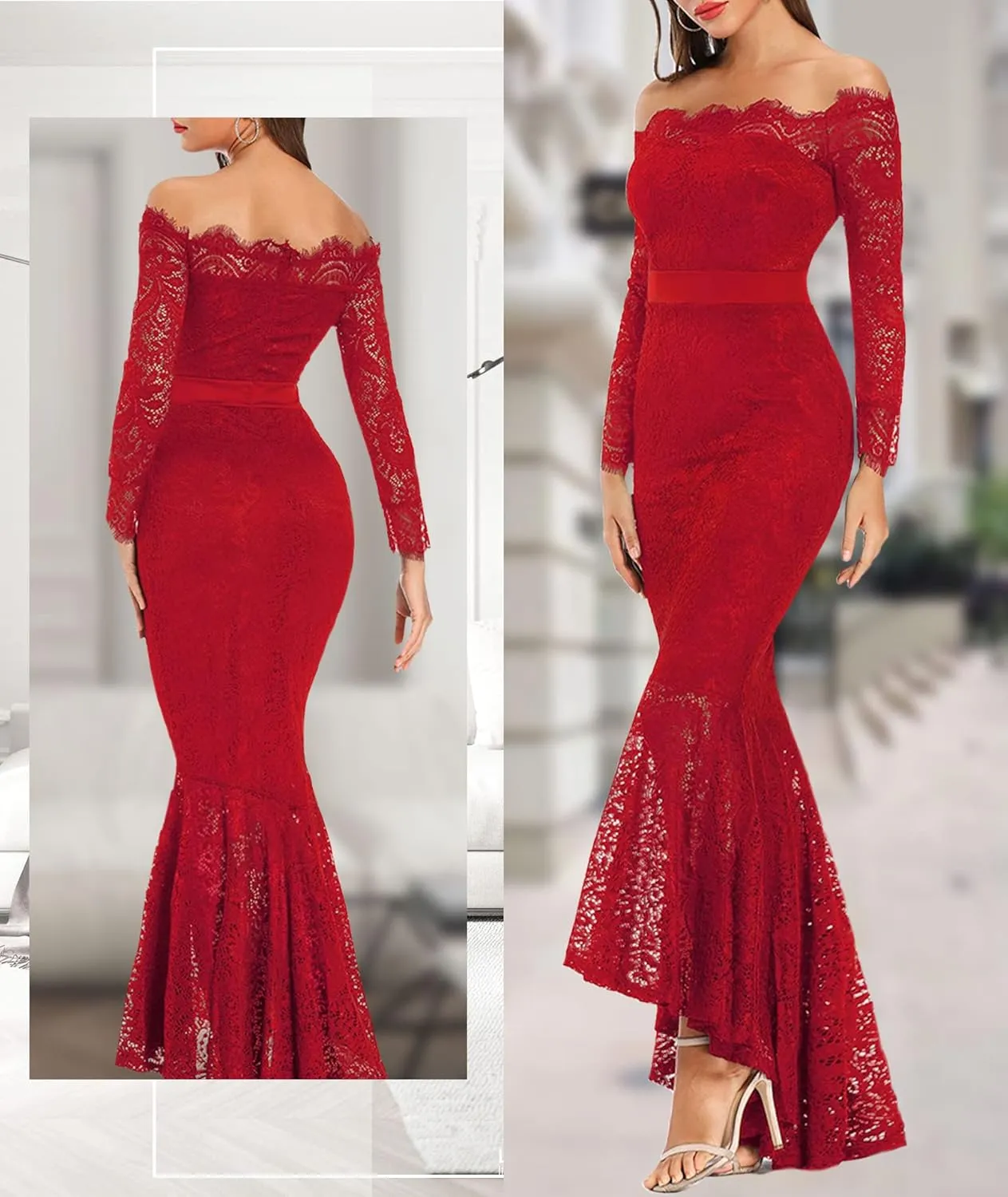 LALAGEN Women's Floral Lace Long Sleeve Off Shoulder Wedding Mermaid Dress
