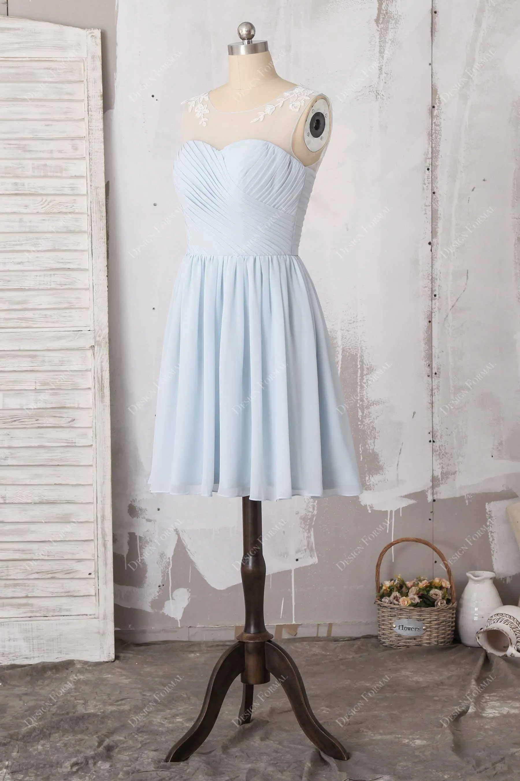 Light Blue Chiffon Lace Sleeveless Short Special Occasion Dress
