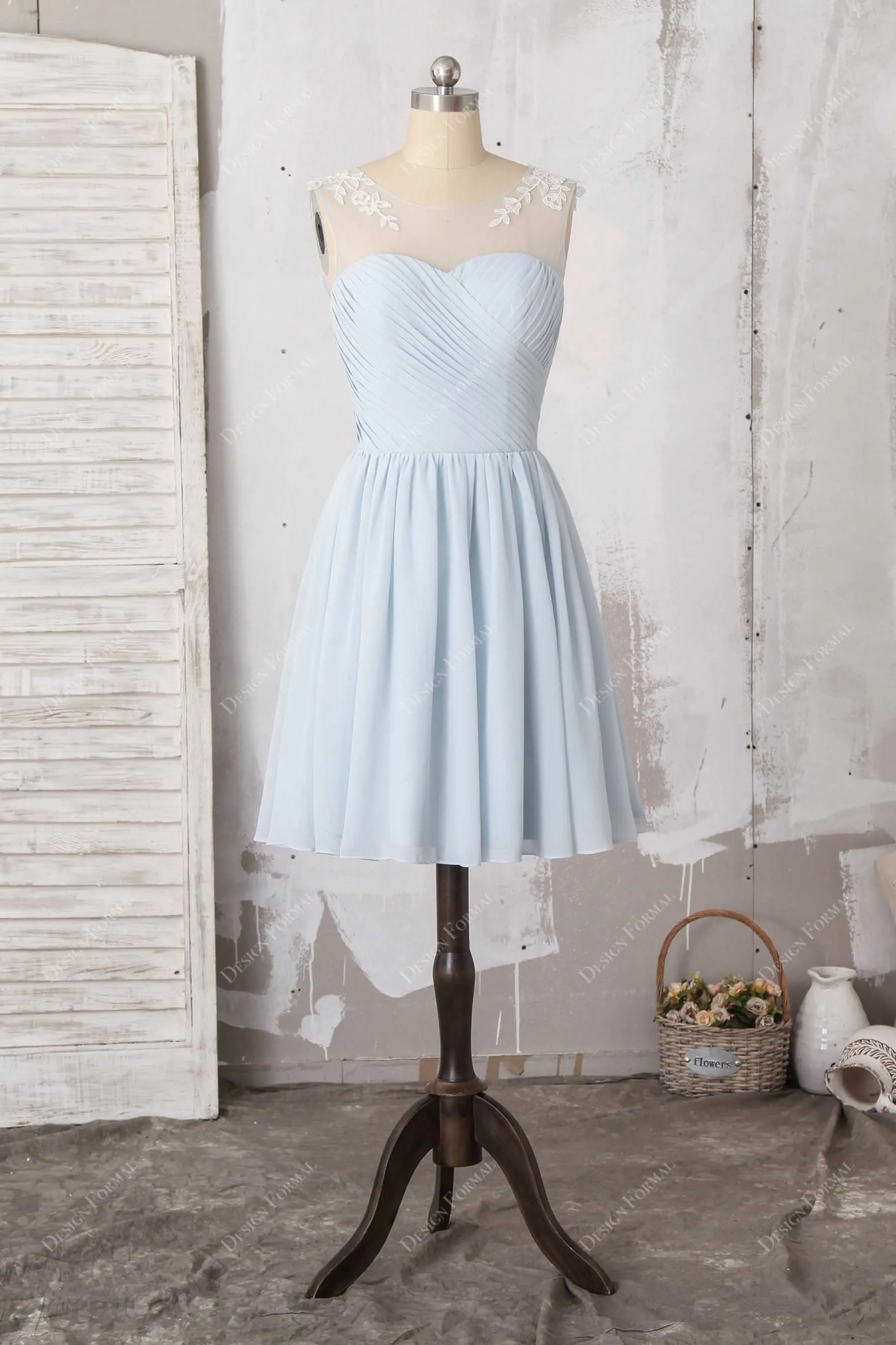Light Blue Chiffon Lace Sleeveless Short Special Occasion Dress