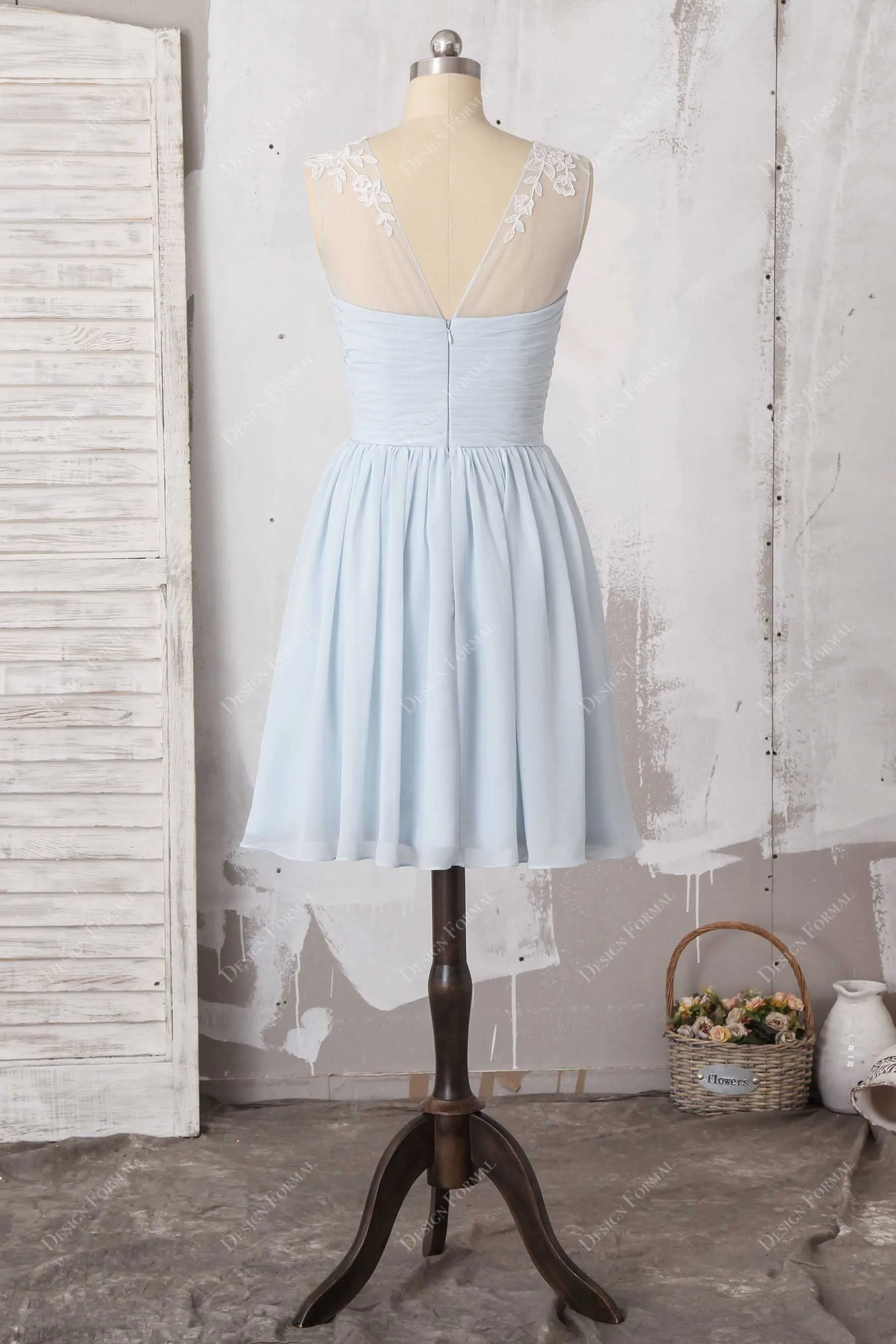 Light Blue Chiffon Lace Sleeveless Short Special Occasion Dress