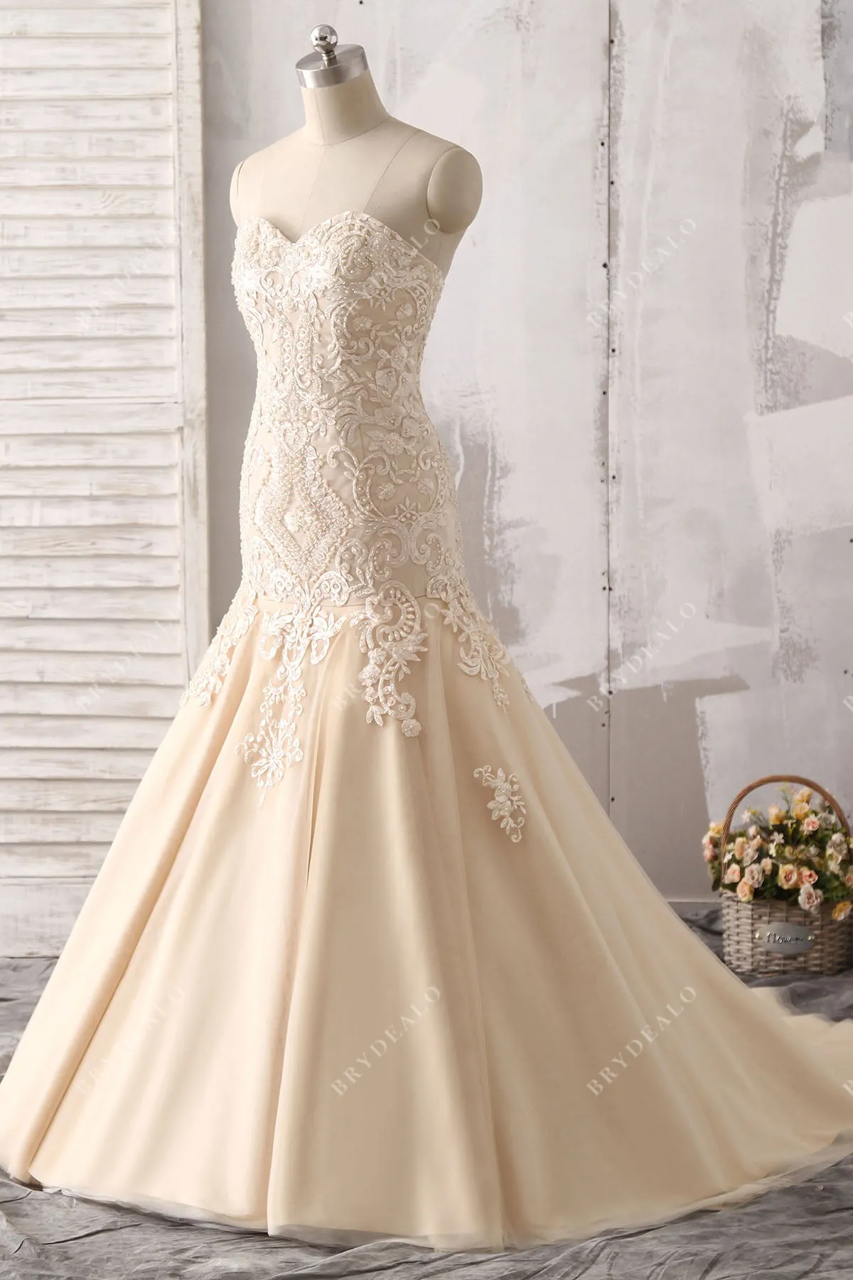 Luxury Beaded Champagne Strapless Trumpet Fall Wedding Dress