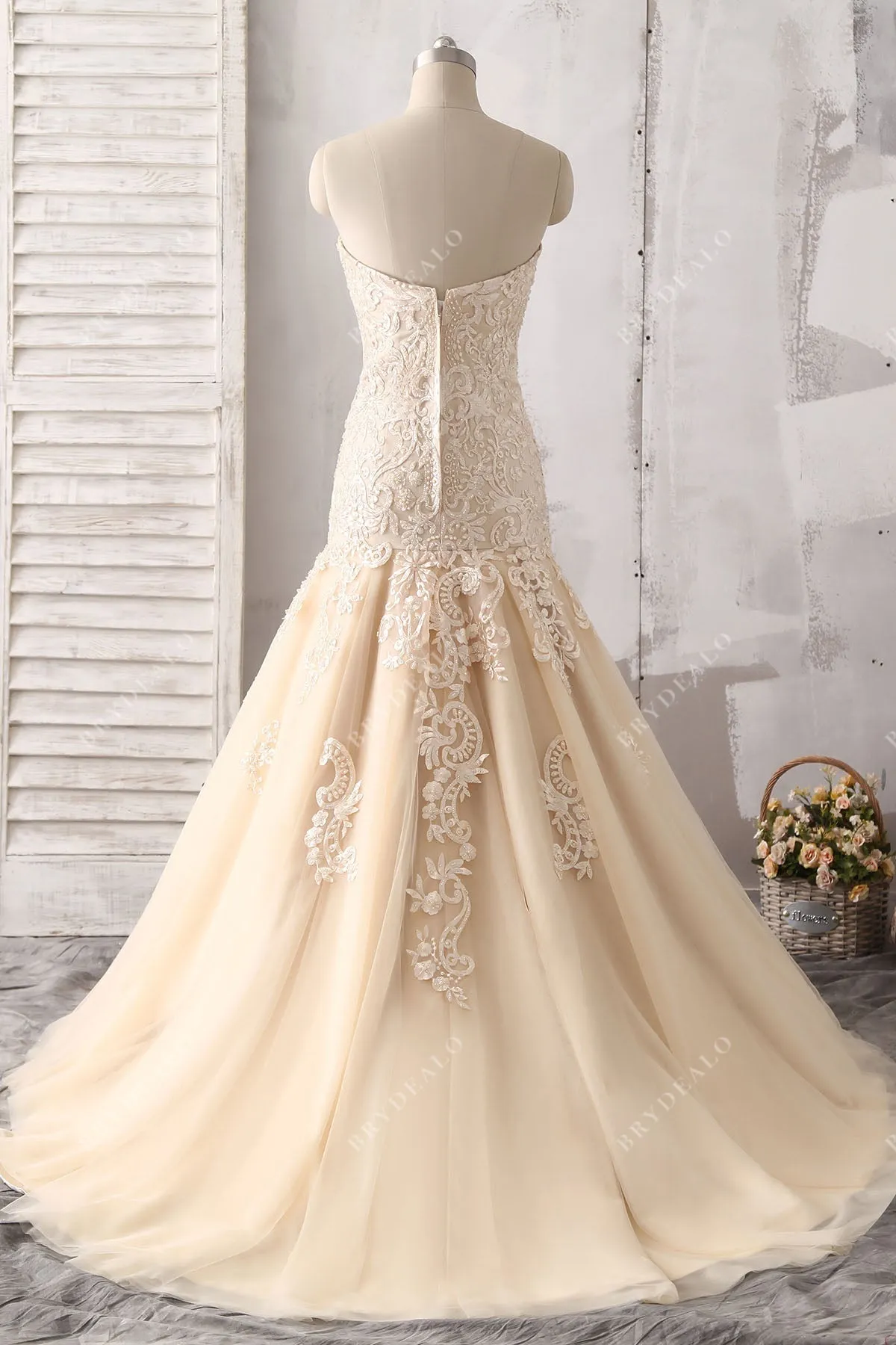 Luxury Beaded Champagne Strapless Trumpet Fall Wedding Dress