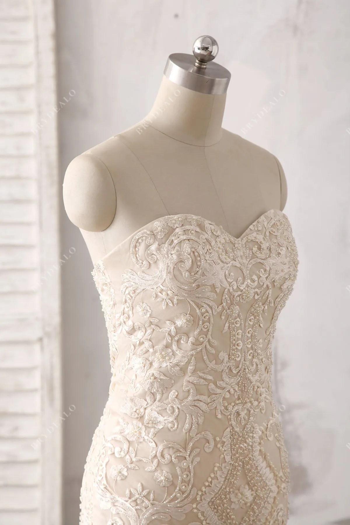 Luxury Beaded Champagne Strapless Trumpet Fall Wedding Dress