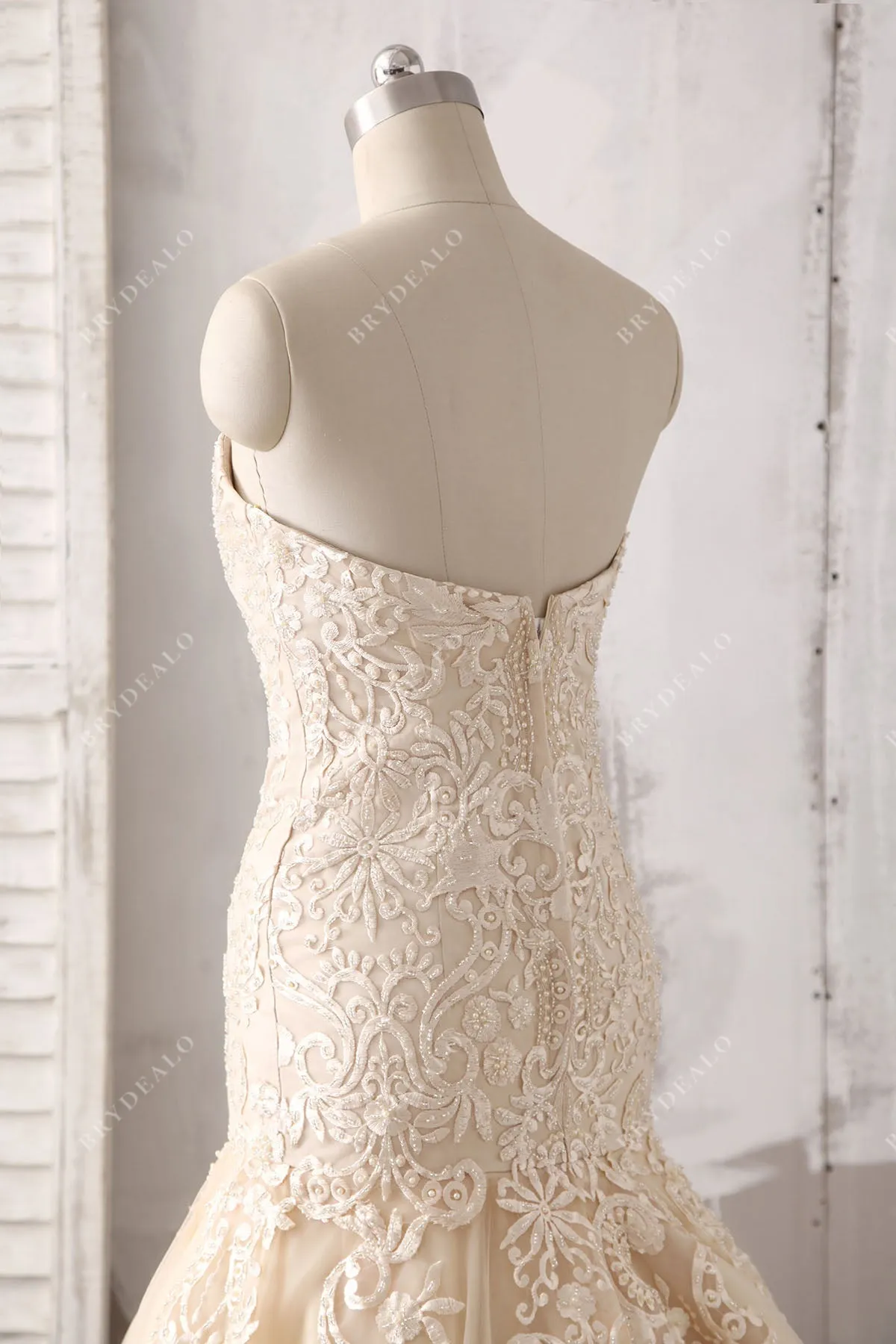 Luxury Beaded Champagne Strapless Trumpet Fall Wedding Dress