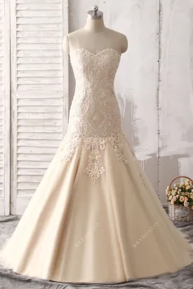 Luxury Beaded Champagne Strapless Trumpet Fall Wedding Dress