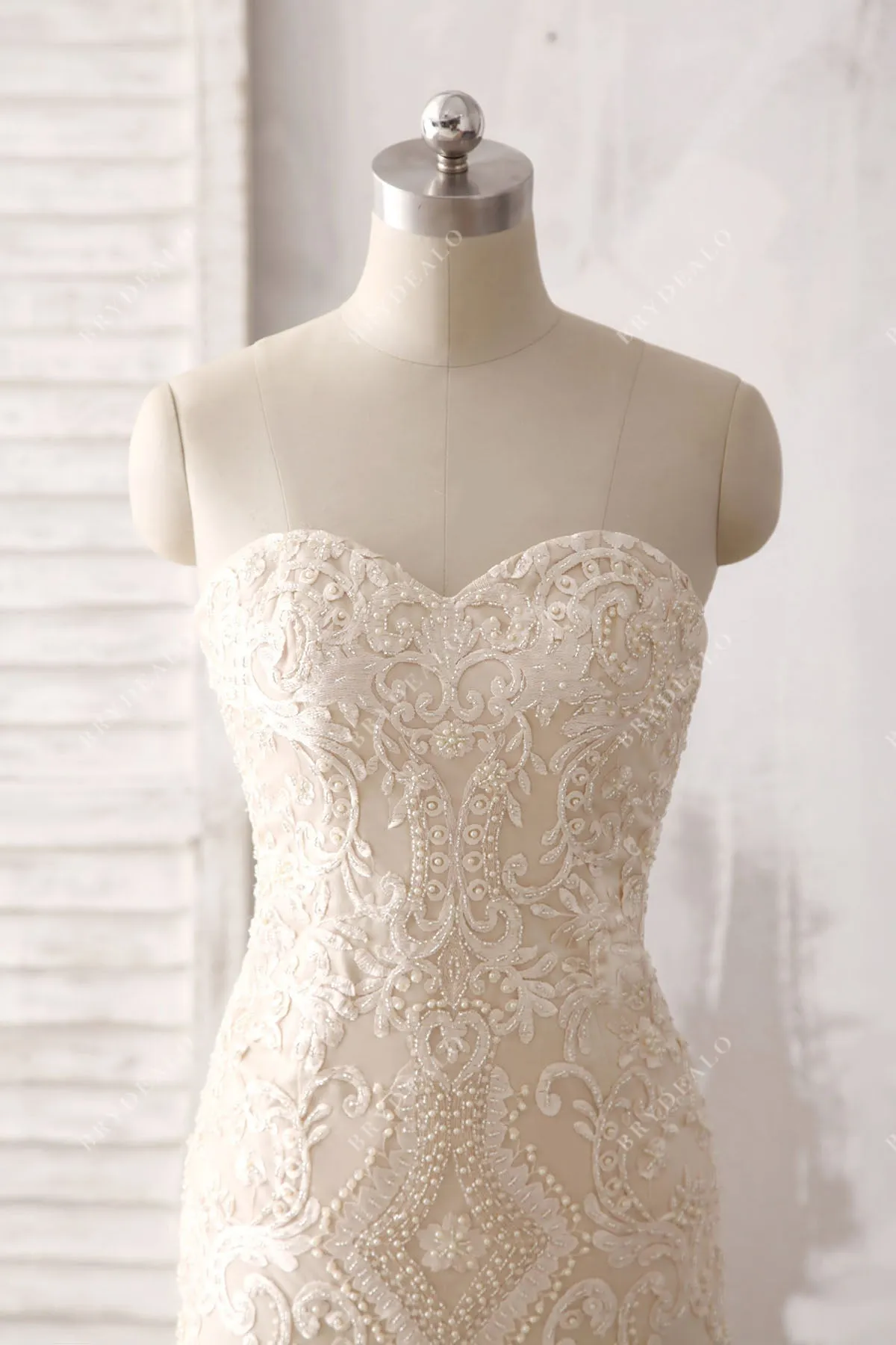 Luxury Beaded Champagne Strapless Trumpet Fall Wedding Dress