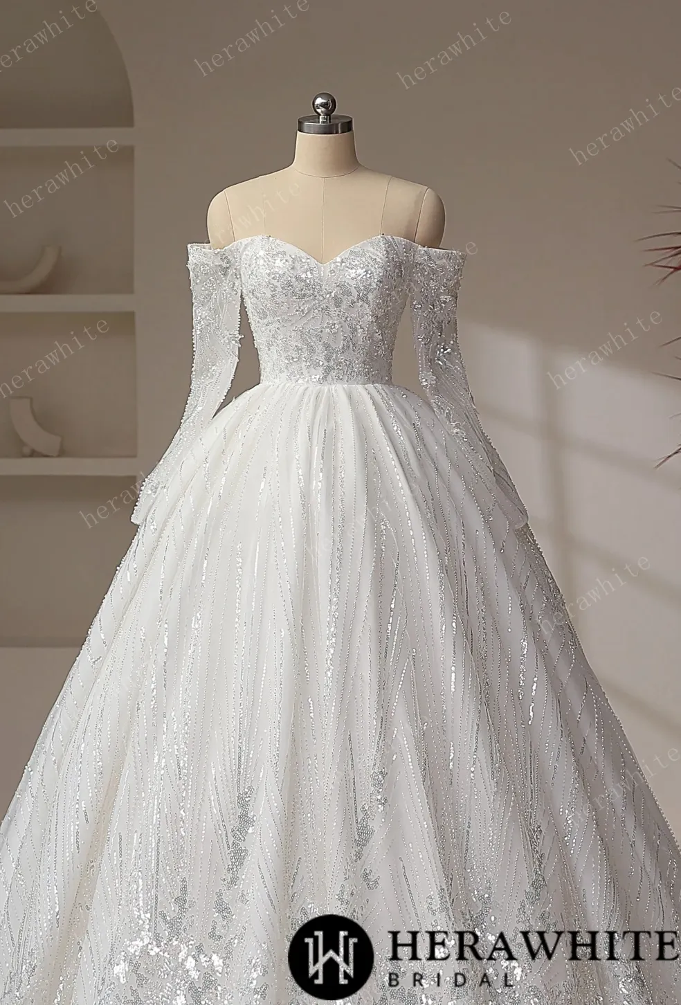 Luxury Beaded Shiny Lace Court Train Princess Wedding Gown