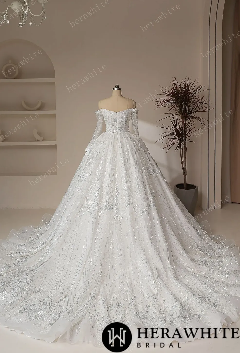 Luxury Beaded Shiny Lace Court Train Princess Wedding Gown